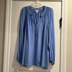 Lilly Pulitzer Cornflower Blue Smocked Yoke Button-Front Blouse